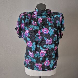 Vintage 80s Pink Floral And Dots Black Blouse  Women's Top 12